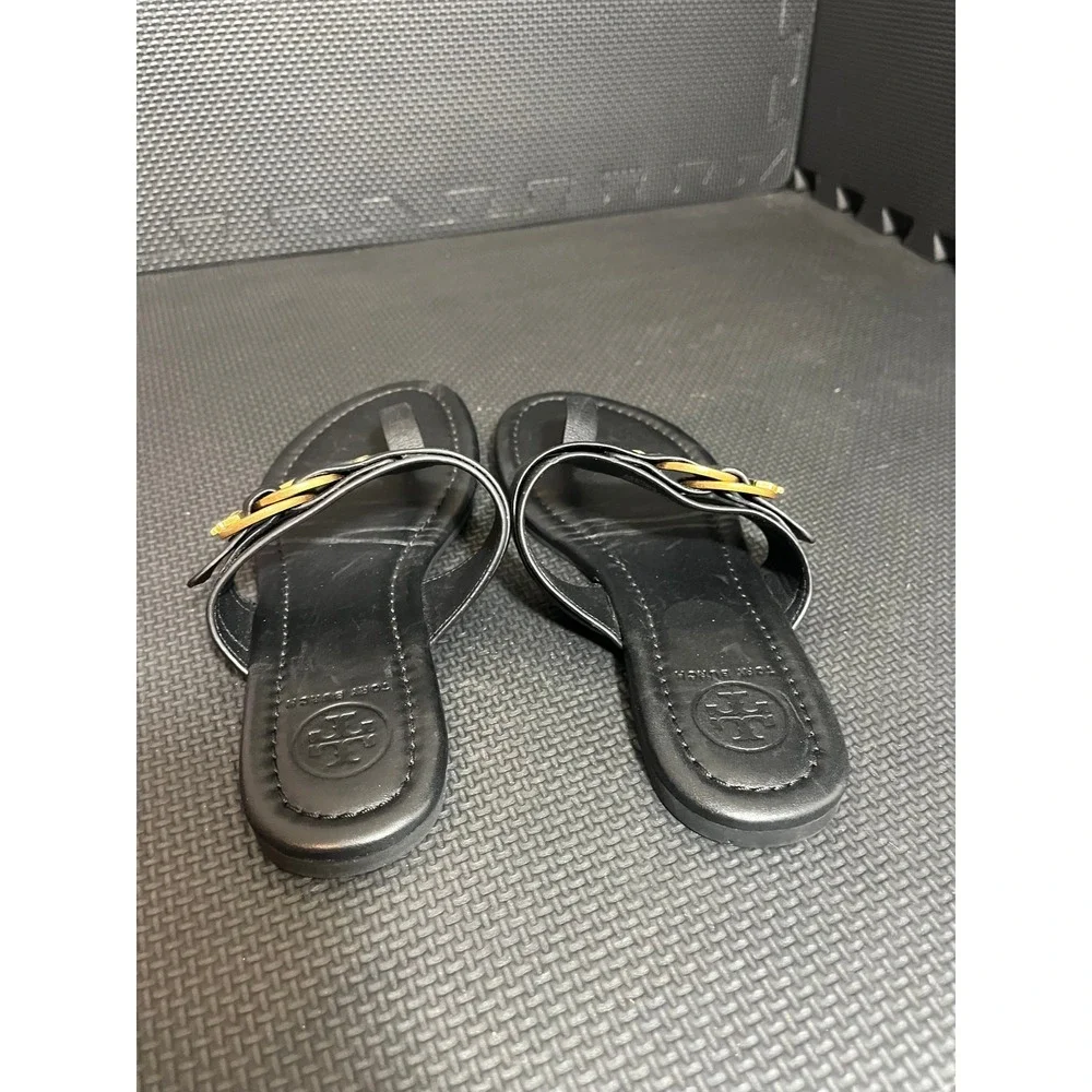 Tory Burch Thong Sandals Women Size 5 Black Leather Gold Buckle Logo Flat